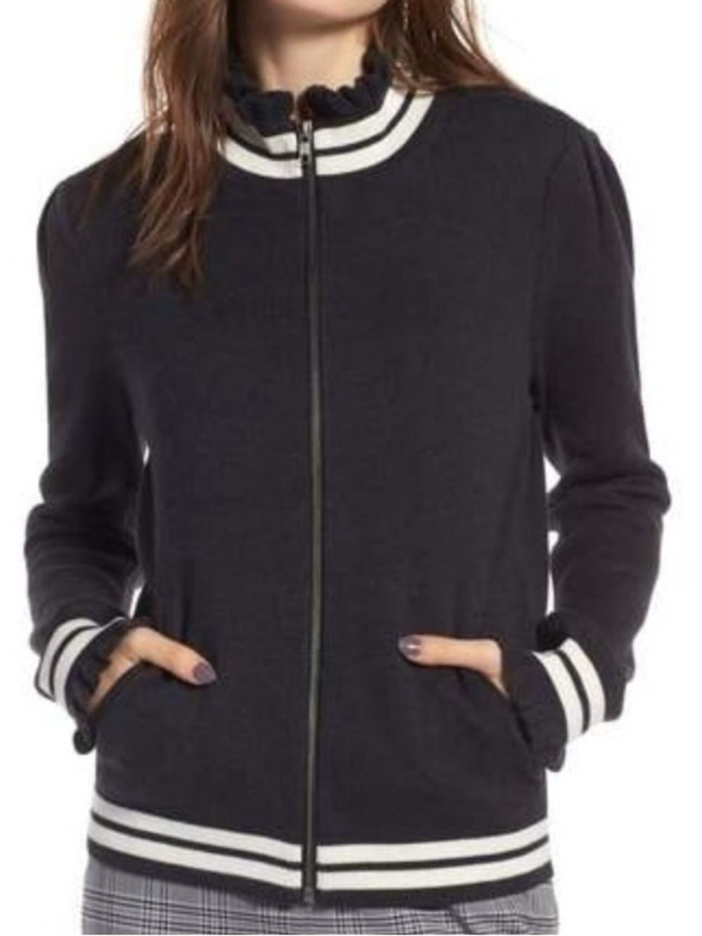 Treasure & Bond Dark Gray Vintage Inspired Ruffle Trim Track Jacket